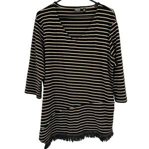 Onque Casual Women's Shirt Top Black Gold Striped Size 1x Plus 3/4 Sleeve